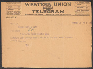 Sacco-Vanzetti Case Records, 1920-1928. Defense Papers. Western Mob: Doyle to Moore (telegram), September 6, 1922. Box 5, Folder 19, Harvard Law School Library, Historical & Special Collections