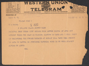 Sacco-Vanzetti Case Records, 1920-1928. Defense Papers. Western Mob: Doyle to Moore (telegram), September 10, 1922. Box 5, Folder 23, Harvard Law School Library, Historical & Special Collections