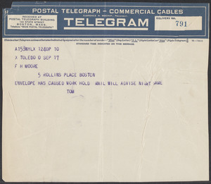 Sacco-Vanzetti Case Records, 1920-1928. Defense Papers. Western Mob: Telegram from Thomas Doyle to Fred H. Moore: "Envelope has caused work hold. Mail will advise night same," September 17, n.y. Box 5, Folder 27, Harvard Law School Library, Historical & Special Collections