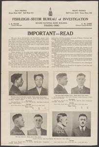 Sacco-Vanzetti Case Records, 1920-1928. Defense Papers. Western Mob: "Wanted" poster from Fishleigh-Secor Bureau of Investigation, Toledo, Ohio. Photographs (mug shots) and descriptions of wanted criminals, September 22, 1920. Box 5, Folder 38, Harvard Law School Library, Historical & Special Collections