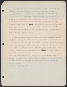 Sacco-Vanzetti Case Records, 1920-1928. Defense Papers. Materials re: Orciani, Boda, Coacci, Carbonieri, Bostock, Manning, Ray: Police Court of Brockton Complaints of Warren P. Laughton vs. Riccardo Orceani for not having rear light on Motor Cycle, May 7, 1920. Box 5, Folder 47, Harvard Law School Library, Historical & Special Collections