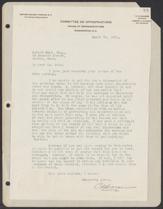 Sacco-Vanzetti Case Records, 1920-1928. Defense Papers. Materials re: Orciani, Boda, Coacci, Carbonieri, Bostock, Manning, Ray: TLS from C. H. Warner (Secretary, Committee on Appropriations, House of Representatives) to Robert Reid, Esq. March 24, 1921. Box 5, Folder 52, Harvard Law School Library, Historical & Special Collections