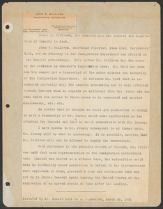 Sacco-Vanzetti Case Records, 1920-1928. Defense Papers. Materials re: Orciani, Boda, Coacci, Carbonieri, Bostock, Manning, Ray: 2 pages of dictation by Robert Reid to G.S. Beamish re: Coacchi proceedings, March 25, 1921. Box 5, Folder 53, Harvard Law School Library, Historical & Special Collections