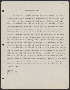 Sacco-Vanzetti Case Records, 1920-1928. Defense Papers. Materials re: Orciani, Boda, Coacci, Carbonieri, Bostock, Manning, Ray: Dictation by Robert Reid re: Overland Car, April 7, 1921. Box 5, Folder 55, Harvard Law School Library, Historical & Special Collections