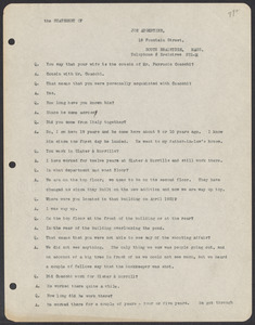 Sacco-Vanzetti Case Records, 1920-1928. Defense Papers. Materials re: Orciani, Boda, Coacci, Carbonieri, Bostock, Manning, Ray: Statement of Joe Argentine (interview), April 27, 1921. Box 5, Folder 57, Harvard Law School Library, Historical & Special Collections