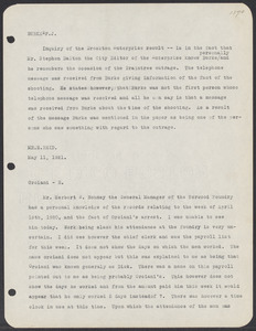 Sacco-Vanzetti Case Records, 1920-1928. Defense Papers. Materials re: Orciani, Boda, Coacci, Carbonieri, Bostock, Manning, Ray: Notes re: F.J. Burke and Orciani, May 11, 1921. Box 5, Folder 60, Harvard Law School Library, Historical & Special Collections