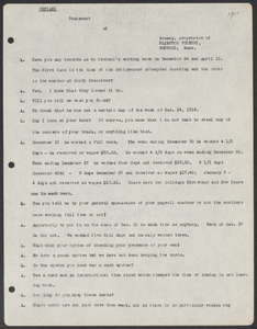Sacco-Vanzetti Case Records, 1920-1928. Defense Papers. Materials re: Orciani, Boda, Coacci, Carbonieri, Bostock, Manning, Ray: Statement of Bonney, proprietor of Plimpton Foundry, Norwood, Mass. (interview), May 17, 1921. Box 5, Folder 63, Harvard Law School Library, Historical & Special Collections