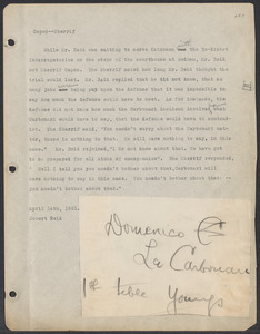 Sacco-Vanzetti Case Records, 1920-1928. Defense Papers. Materials re: Orciani, Boda, Coacci, Carbonieri, Bostock, Manning, Ray: Materials re: Dominick Carbonieri: Continued testimony of William J. West, April 14, 1921. Box 5, Folder 68, Harvard Law School Library, Historical & Special Collections