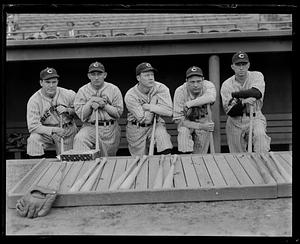 Cleveland Indians Jeff Heath, Odell Hale, Willis Hudlin, Joe Heving, and Mel Harder in the dugout