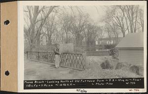 Moose Brook, looking north at Old Furnace dam, drainage area = 10 square miles, flow = 118 cubic feet per second = 11.8 cubic feet per second per square mile, Hardwick, Mass., 10:40 AM, Apr. 13, 1934