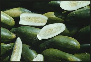 Pile of whole and cut zucchini