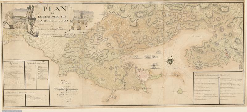 Plan of Louisbourg, the harbour, part of the coast with the French retrenchments along the same and the attack by the British troops under the command of Major General Amherst, Samuel Holland