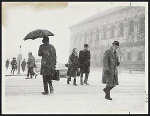 Early morning start of snow storm in Copley Square - Boylston and Tremont Sts with Snow