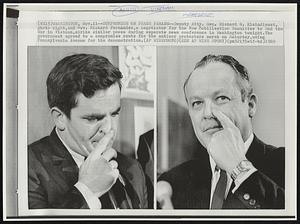 Compromise on Peace Parade--Deputy Atty. Gen. Richard G. Kleindienst, photo right, and Rev. Richard Fernandez, a negotiator for the New Mobilization Committee to End the War in Vietnam, strike similar poses during separate news conference in Washington tonight. The government agreed to a compromise route for the antiwar protesters march on Saturday, using Pennsylvania Avenue for the demonstration.