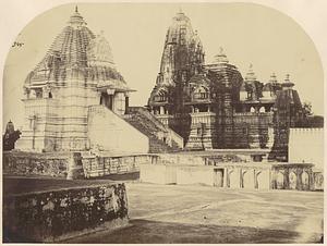 Chaturbhuja [i.e. Lakshmana] Temple with the Matangesvara Temple in the foreground, Khajuraho