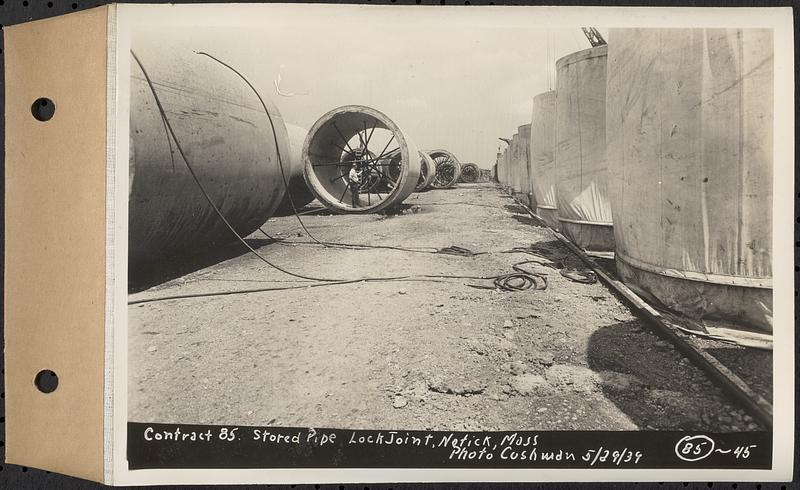 Contract No. 85, Manufacture and Delivery of Precast Concrete Steel Cylinder Pipe, Southborough, Framingham, Wayland, Natick, Weston, stored pipe, Natick, Mass., May 29, 1939