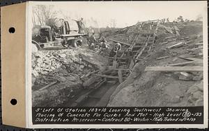 Contract No. 80, High Level Distribution Reservoir, Weston, 5 feet left of Sta. 103+10 looking southwest showing placing of concrete for curbs and mat, high level distribution reservoir, Weston, Mass., Oct. 24, 1939