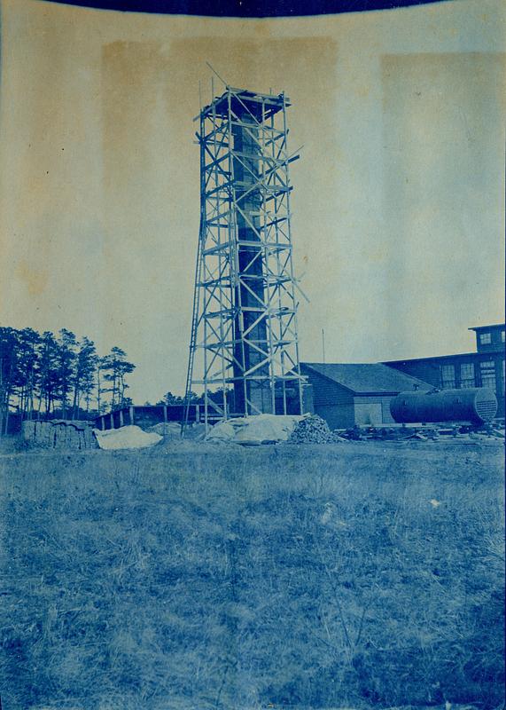 Chimney with scaffolding, American Metallic Fabric Company factory, South Yarmouth, Mass.