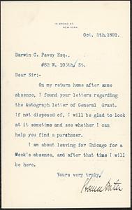 Letter from Horace Porter, New York, to Darwin C. Pavey, New York, 1891 October 5