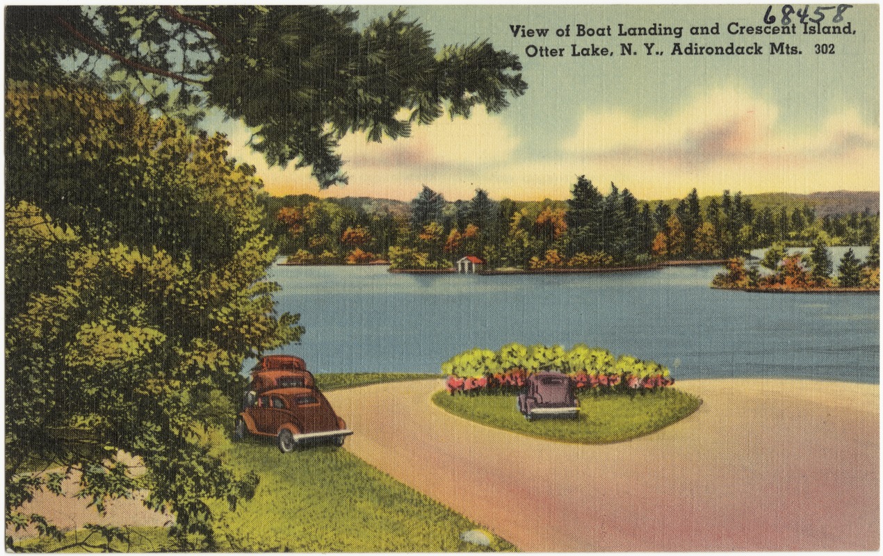 View of boat landing and Crescent Island, Otter Lake, N. Y., Adirondack