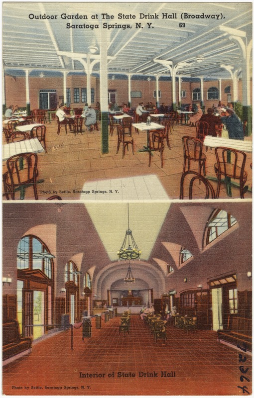 Outdoor garden at the State Drink Hall (Broadway), Saratoga Springs, N. Y. Interior of State Drink Hall