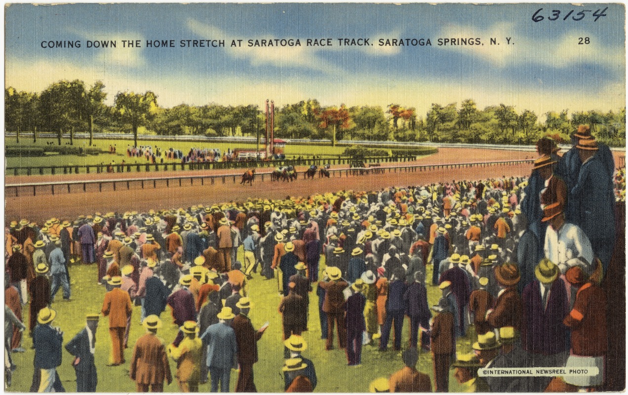 Coming down the home stretch at Saratoga Race Track, Saratoga Springs, N. Y.