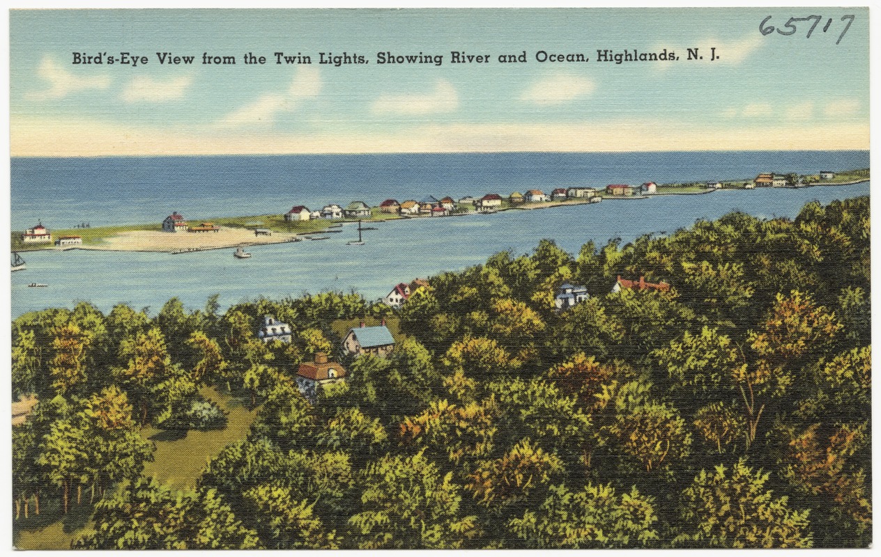 Bird's-eye view from the Twin Lights, showing river and ocean, Highlands, N.J.