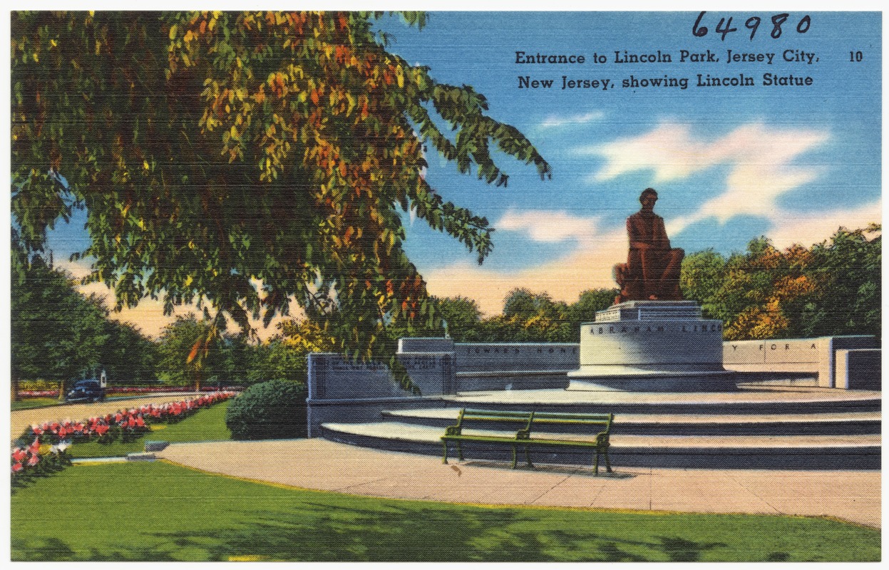 Entrance to Lincoln Park, Jersey City, New Jersey, showing Lincoln statue