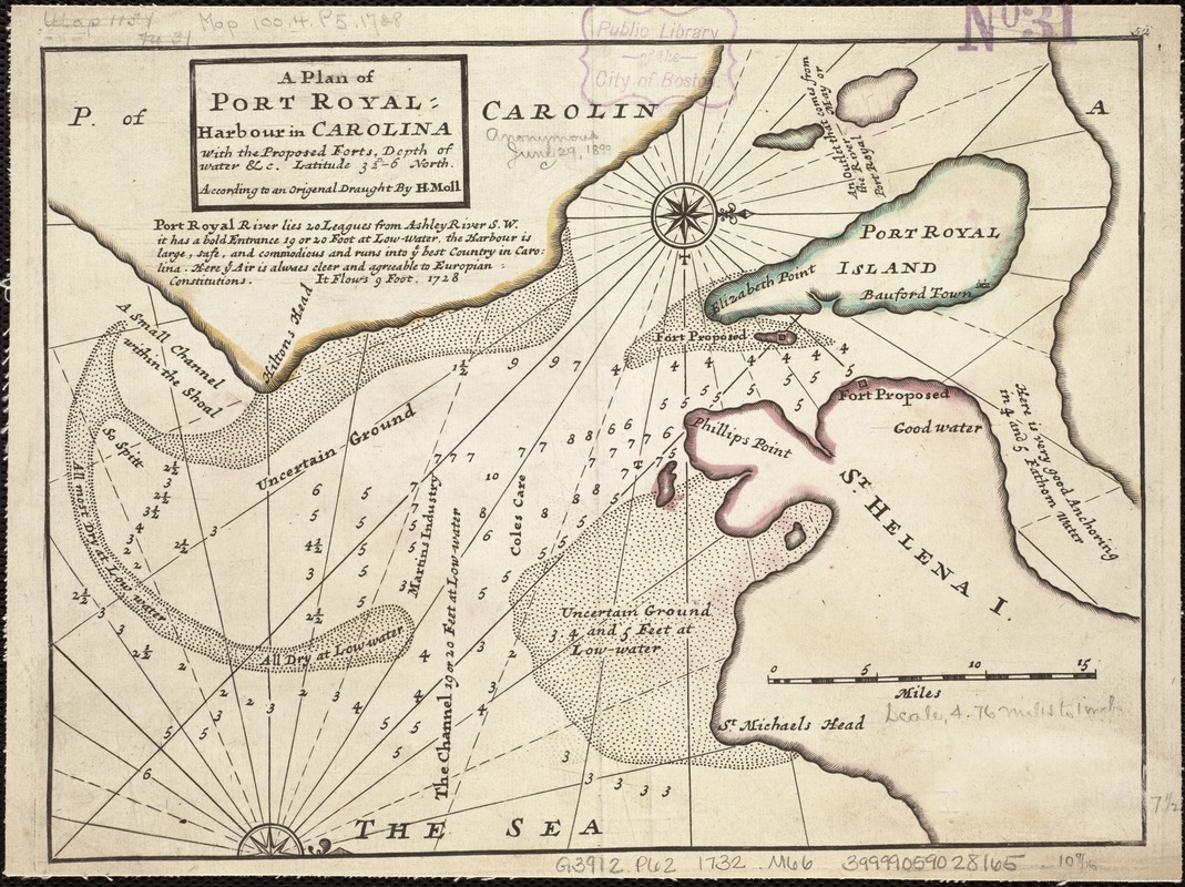 A plan of Port Royal harbour in Carolina with the proposed forts, depth of water &c