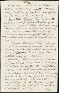Draft of a resolution of slavery from Samuel May, Jr., Worcester, [Mass.], [October?] 1842