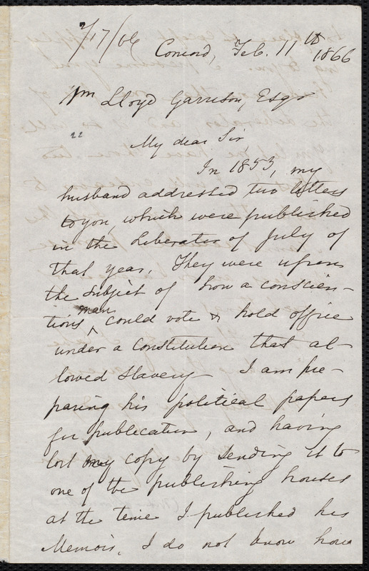 Letter from Mary Tyler Peabody Mann, Concord, [Mass.], to William Lloyd ...