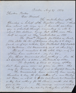 Letter from Francis Jackson, Boston [Mass.], to Theodore Parker, Aug. 27 1854