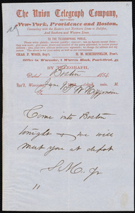 Telegram from Samuel May, Jr., Boston [Mass.], to Thomas Wentworth Higginson, Jun 9, 1854