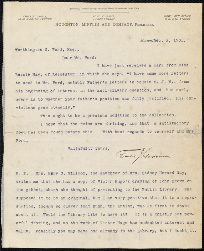 Letter from Francis Jackson Garrison, Boston, to Worthington Chauncey Ford, Dec. 3, 1901