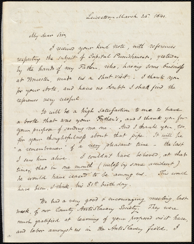 Letter from Samuel May, Jr., Leicester, to Samuel Joseph May, March 25 ...