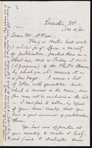 Letter from Samuel May, Jr., Leicester (Mass.), to James Miller M'Kim, Nov. 4 / [18]60