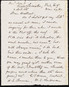 Letter from Samuel May, Jr., Leicester [Mass.], to Robert Folger Wallcut, Frid. Eveg, Mar. 29 / [18]61