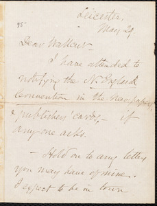 Letter from Samuel May, Jr., Leicester [Mass.], to Robert Folger Wallcut, May 29 [1865]