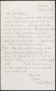 Letter from Samuel May, Jr., Leicester [Mass.], to Robert Folger Wallcut, Sep[tember] 16, 1865