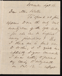 Letter from Thomas Wentworth Higginson, Worcester, [Mass.], to Miss Weston, Sept. 13, [1854]