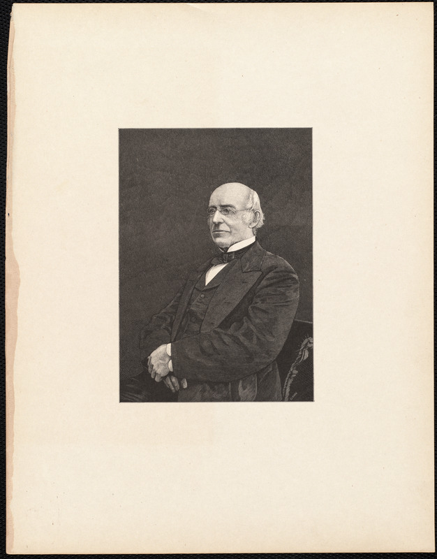 Half-length portrait of William Lloyd Garrison, seated, facing left, with hands folded