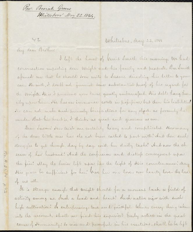 Letter From Beriah Green, Whitesboro, To Amos Augustus Phelps, May 22 ...