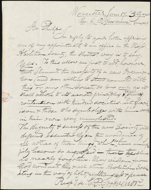 Letter from Charles Payson Grosvenor, Worcester, to Amos Augustus ...