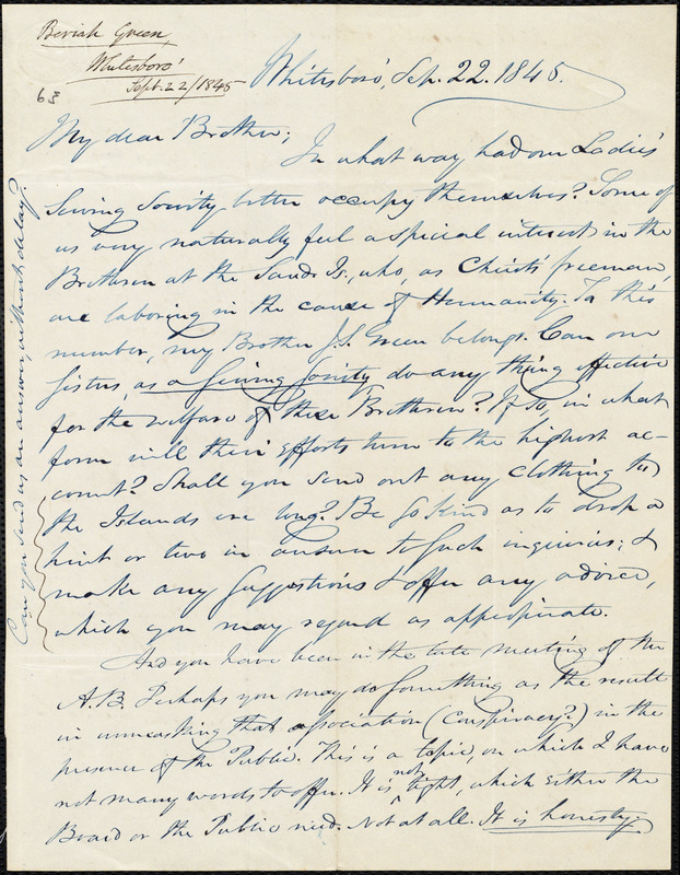 Letter From Beriah Green, Whitesboro, To Amos Augustus Phelps, Sep. 22 ...