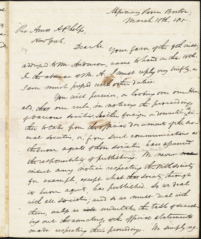 Letter from David Greene, Boston, to Amos Augustus Phelps, March 18th ...