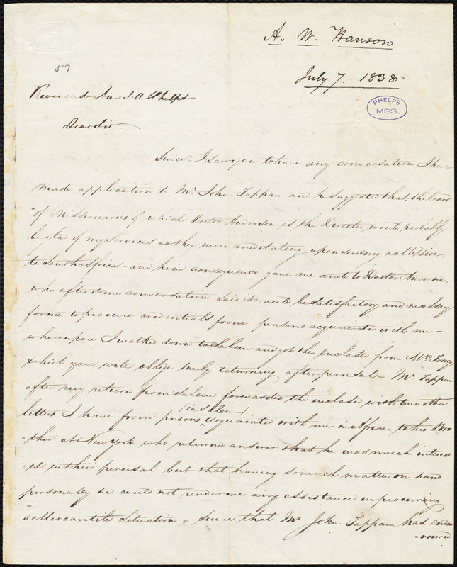 Letter from Augustus William Hanson, to Amos Augustus Phelps, July 7 ...