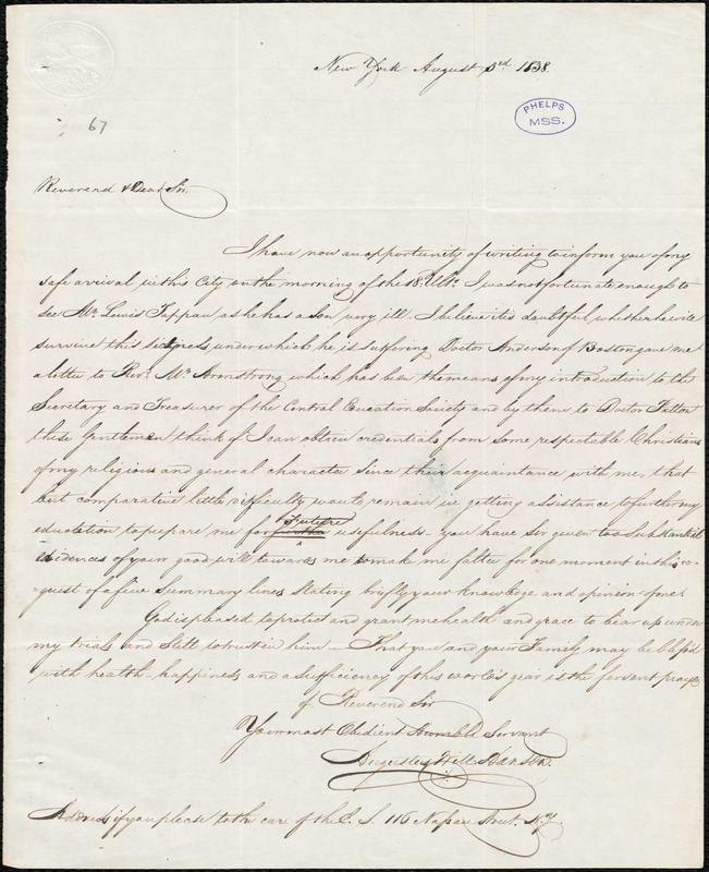 Letter From Augustus William Hanson, New York, To Amos Augustus Phelps ...