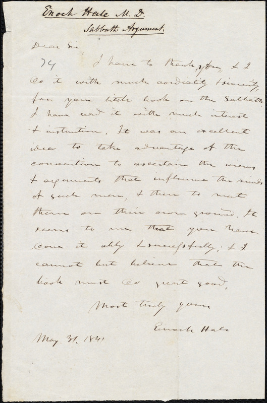 Letter from Enoch Hale, to Amos Augustus Phelps, May 31, 1841 - Digital ...