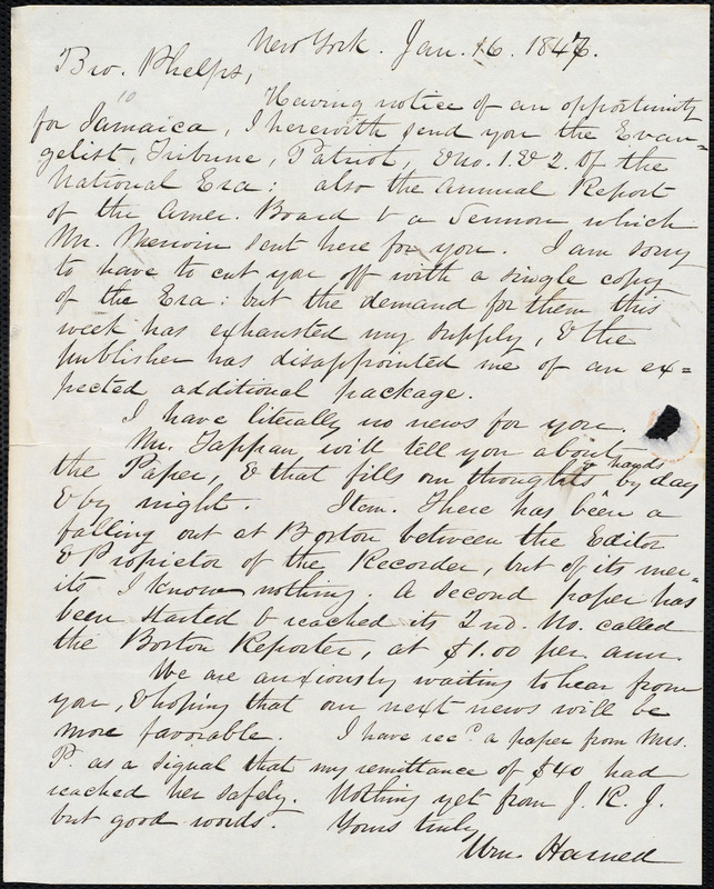 Letter From William Harned, New York, To Amos Augustus Phelps, Jan. 16 ...