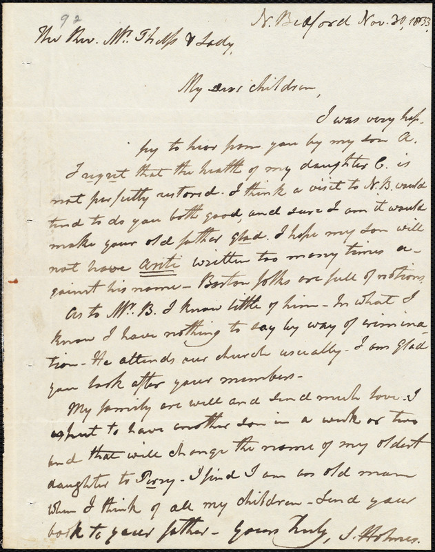 Letter from Sylvester Holmes, N. Bedford, to Amos Augustus Phelps, Nov ...